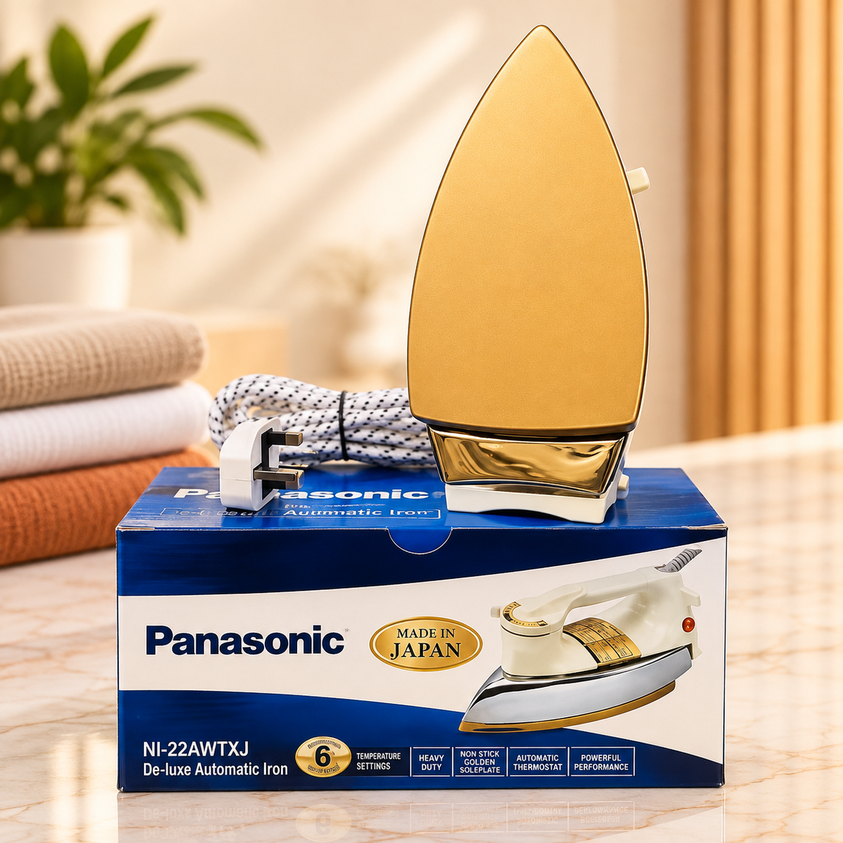 Panasonic NI-22AWTXJ De-Luxe Automatic Dry Iron – 1200W Heavy Duty, Made in Japan - Non-Stick Golden Soleplate